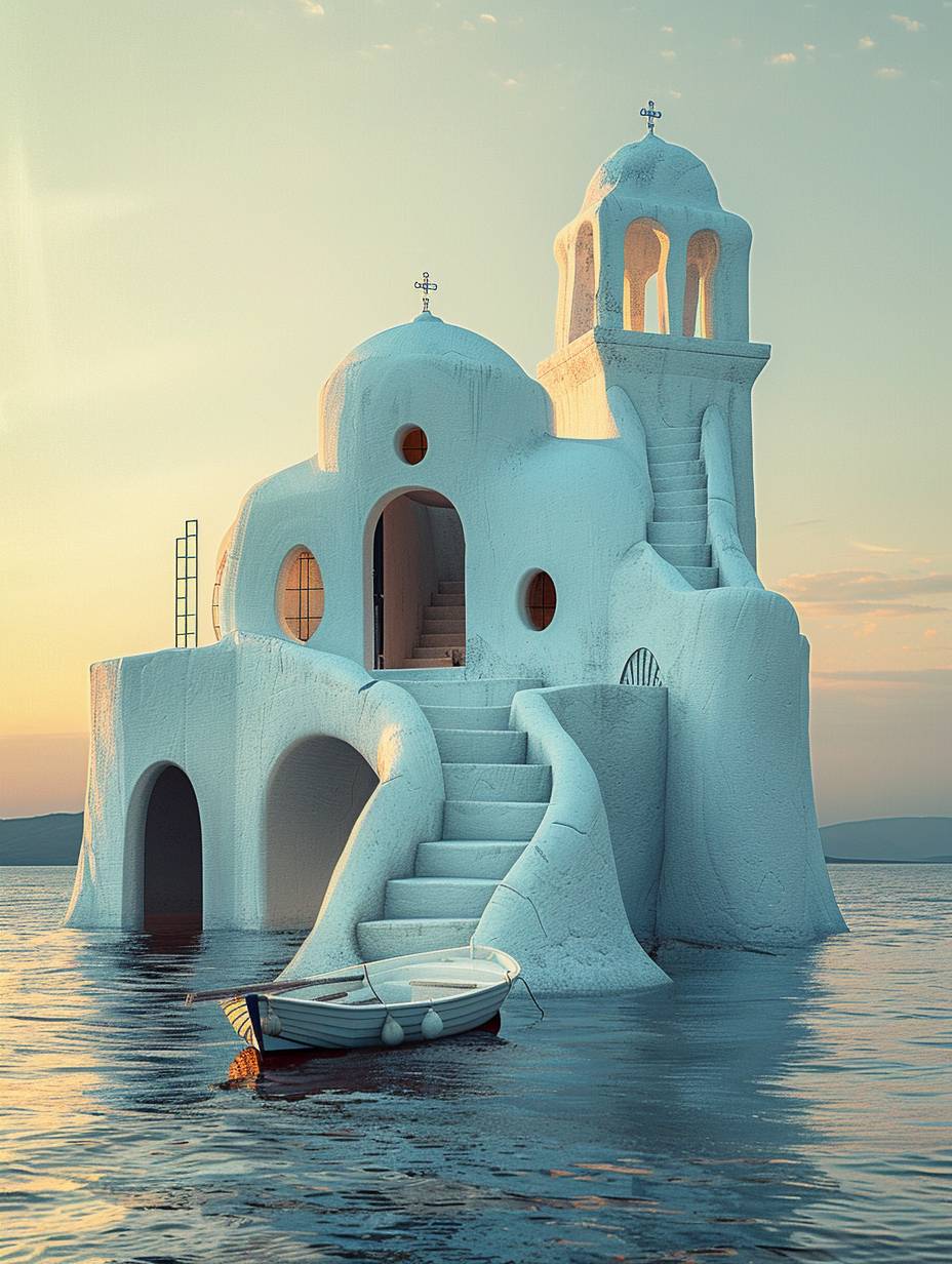 Tower covered by small white Cycladic school, small boat in the calm sea, warm lights, Cycladic architecture, Ricardo Bofill, in the style of surrealist architecture, bridge, domes, stairs and arches, calm sea, small boat, lively, built on top, colors, Greece, in the middle of the sea, isolated, beautiful interdisciplinary installations, Greek islands architecture, realistic scene, chaotic juxtapositions, in the middle of the sea, hyperrealistic, sunset, on top of the tower there is a church