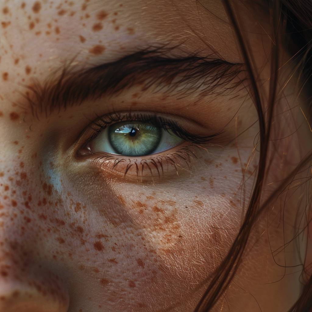 Macro shot to the face freckles of a young woman trying to look for something.