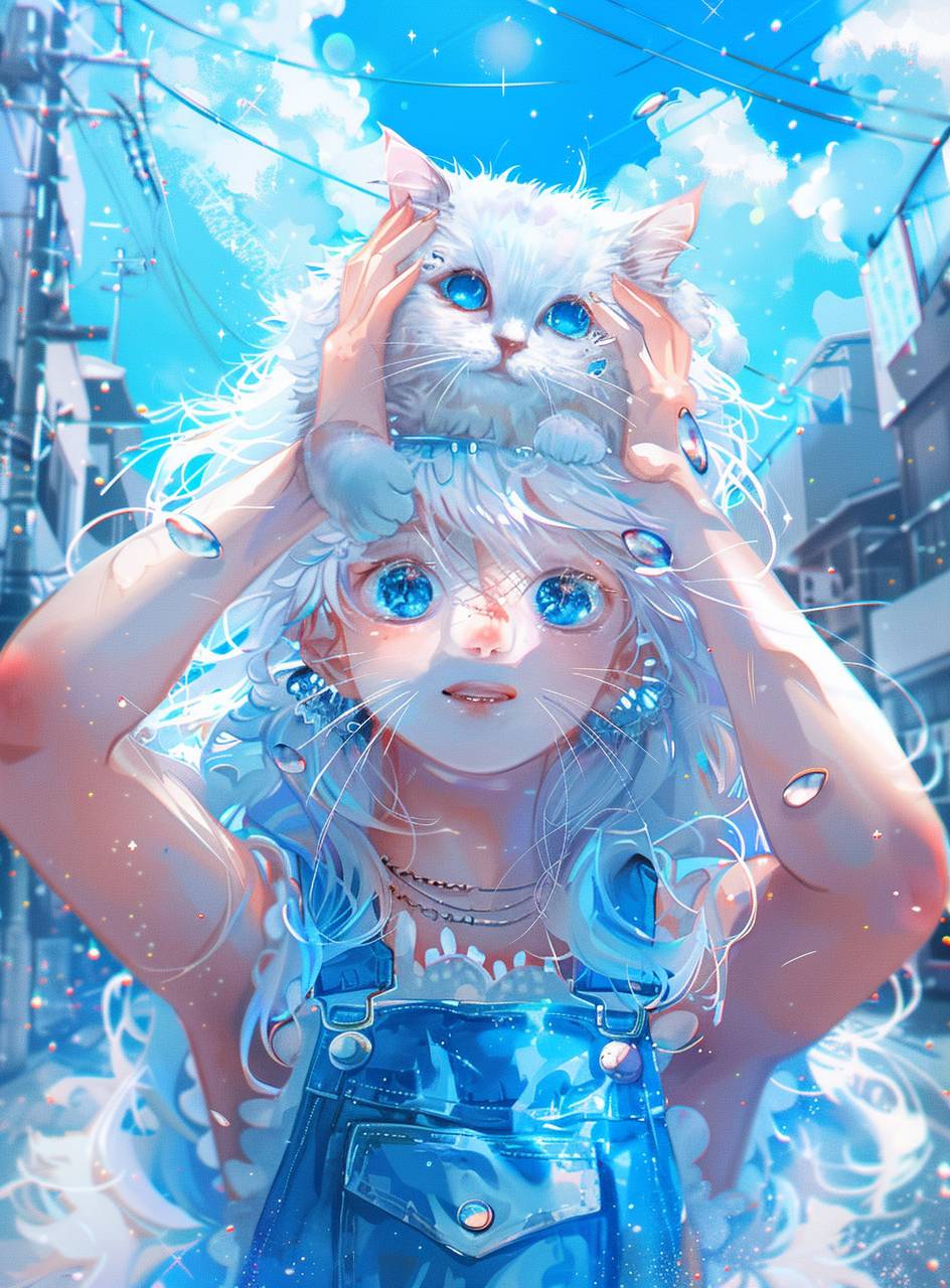 A cute white cat with blue eyes, wearing a denim dress and holding her hands on the head of his large long-haired curly-haired girl friend in Japanese anime style, background is city street under bright sky with clouds, colorful, high resolution, high detail, digital art, fantasy, cute, kawaii, anime style, vibrant colors, dreamy atmosphere, watercolor painting, poster design. White fur color, blue collar around neck. Background is a clear blue sky with fluffy white clouds. The little stars twinkle like diamonds