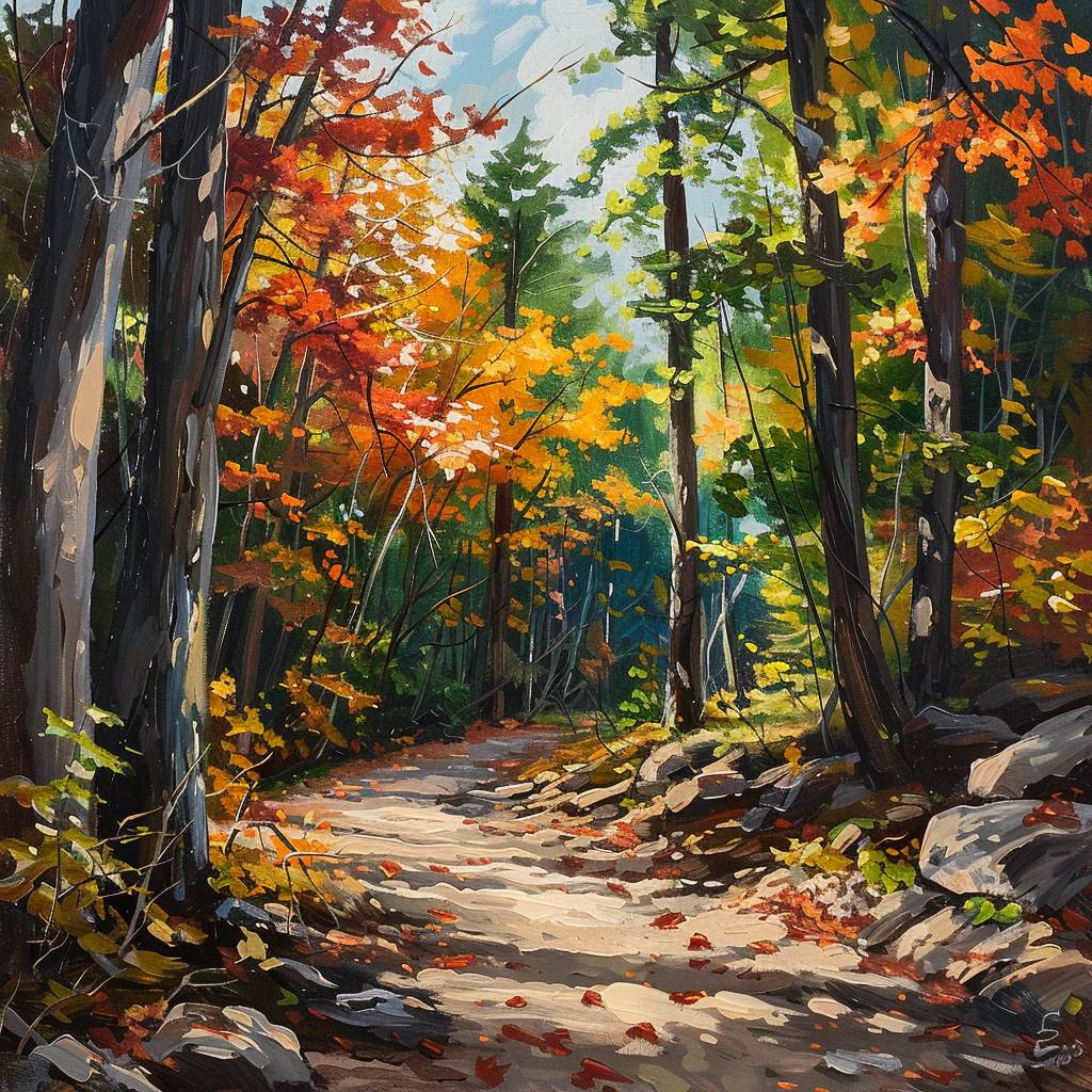 An oil painting of a natural forest environment with colorful maple trees and cinematic parallax animation.