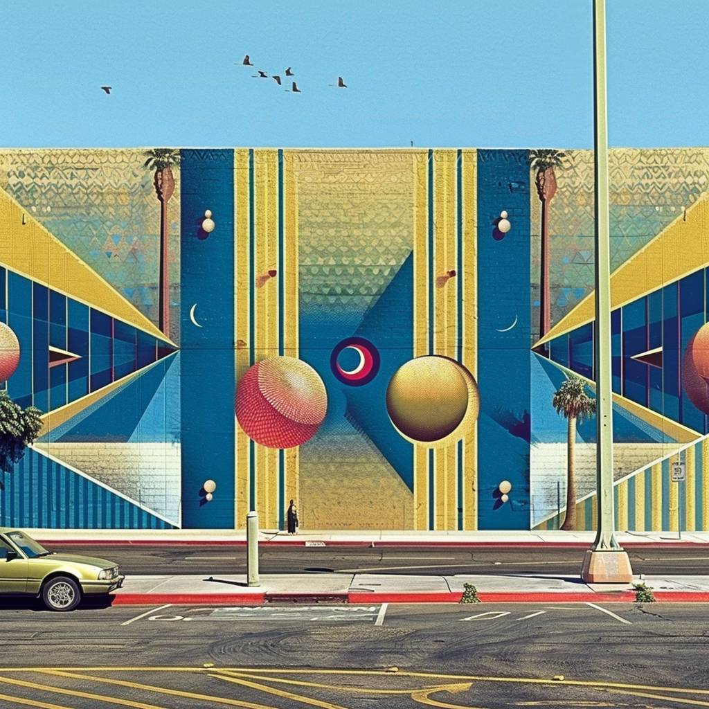 An urban street scene with walls covered in vivid, geometric graffiti patterns. The street should have a 3D illusion effect, creating a vibrant and dynamic urban environment. Include patterned streetlights and cars.