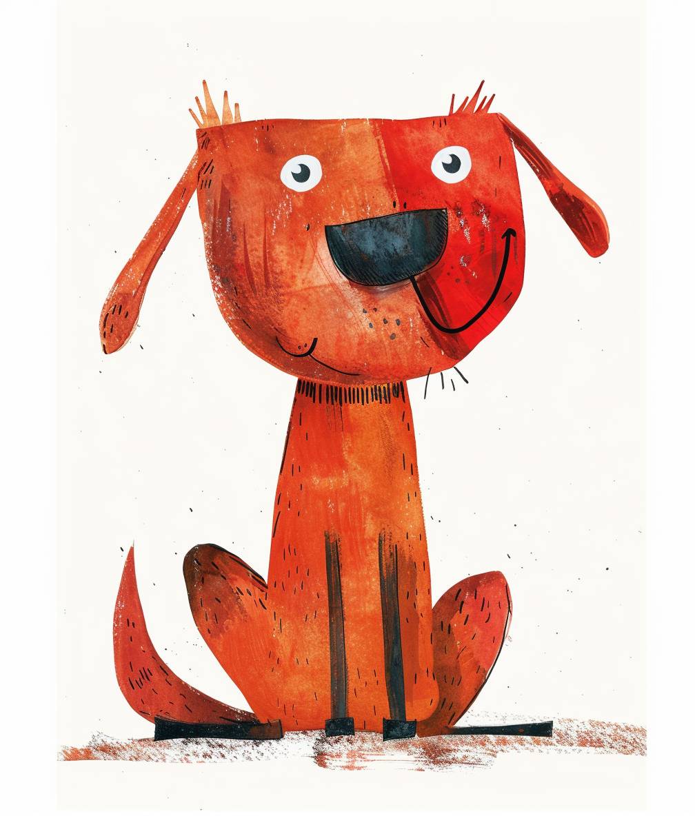 かわいい赤い犬、シンプルな線、水彩の質感、子供向け絵本の挿絵スタイル、フラットデザイン、高解像度、白い背景、淡い色合い、明るくてきれいな画像。Jon Klassenのスタイルに似ています。