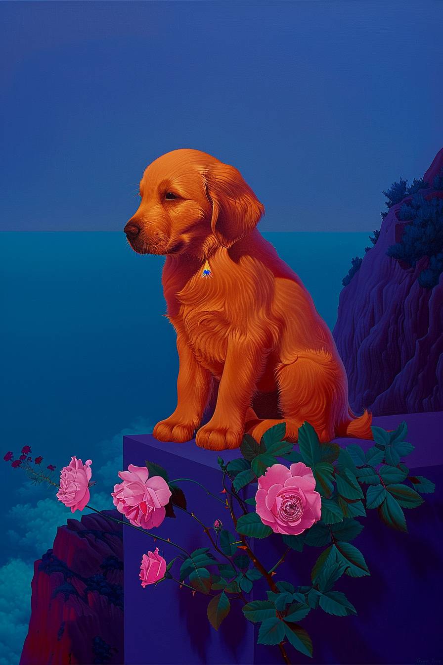 ゴールデンレトリバーの子犬を愚者のタロットカードとして描いた絵。海を見下ろす断崖の端に立ち、幸せそうな表情で歩みを進める姿。白いバラ、ネオングリーン、虹。