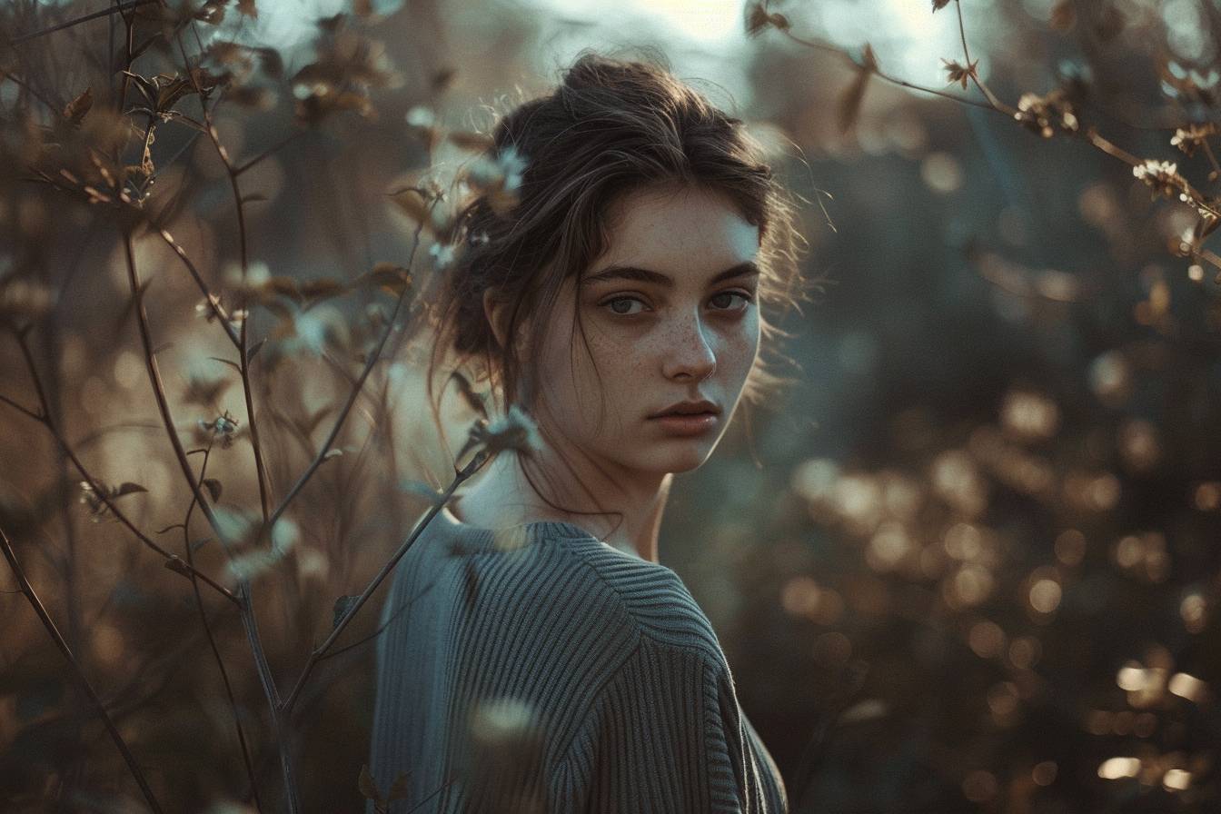 A portrait of [subject/description], standing in [nature environment]. [lighting], [angle], muted blues, greys, soft shadows, serene atmosphere, photorealistic, resembling Alessio Albi's style