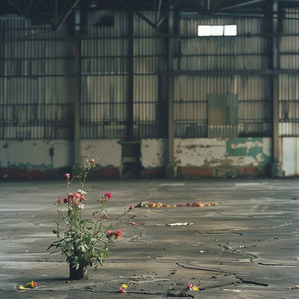 An empty warehouse where flowers start blooming from the concrete.