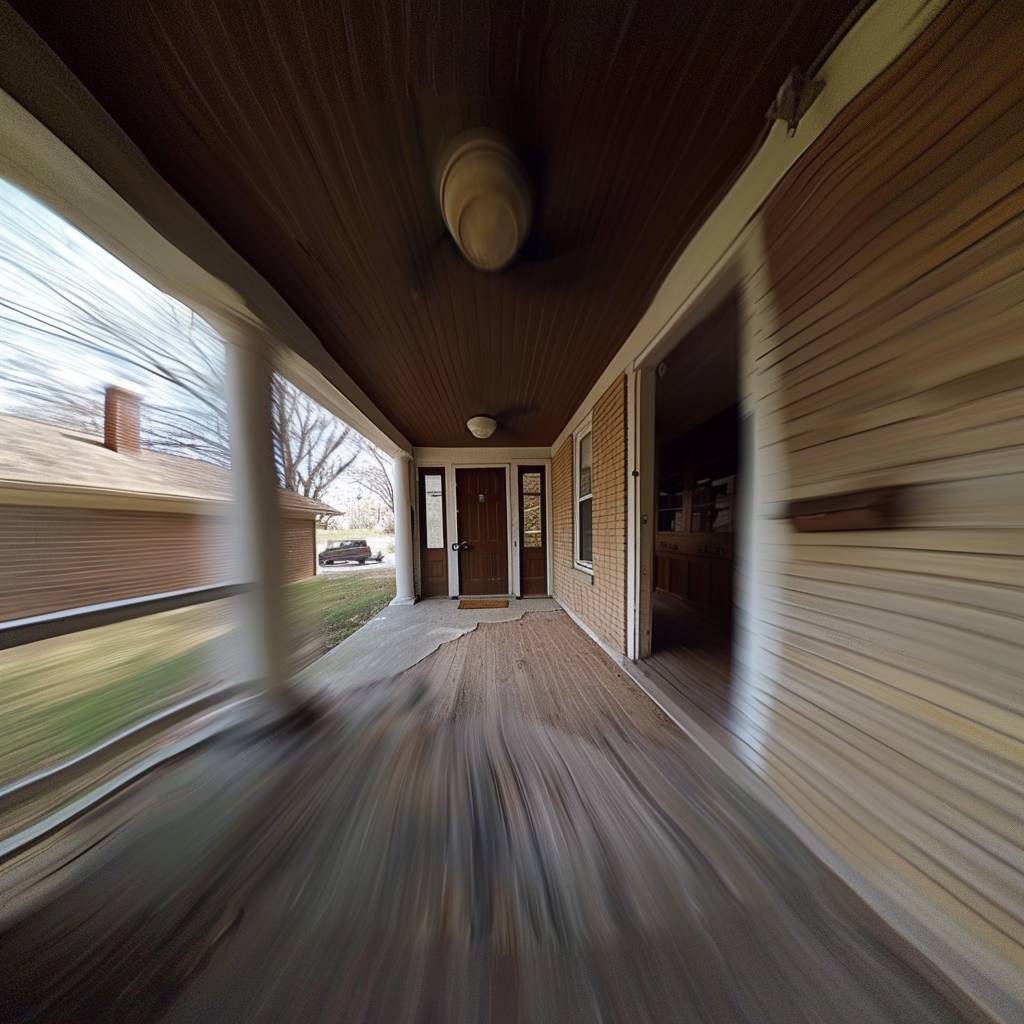A first-person POV shot rapidly flies towards a house's front door at 10x speed.