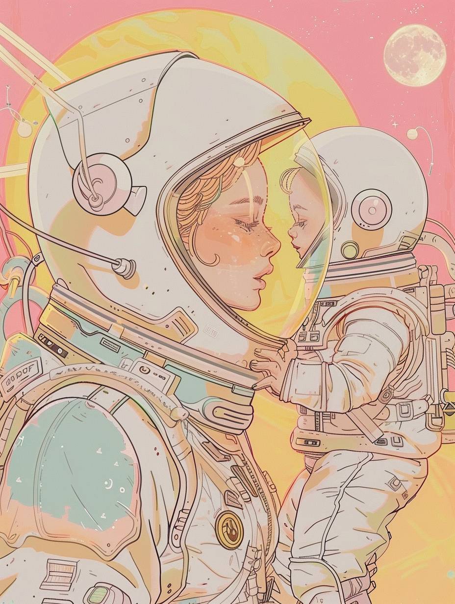 A beautiful woman in an astronaut suit holding a baby astronaut, rocking him, with a moon and galaxy in the background