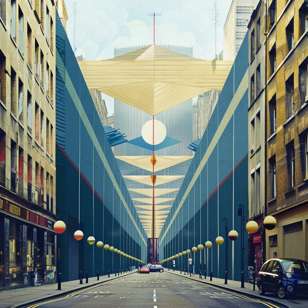 An urban street scene with walls covered in vivid, geometric graffiti patterns. The street should have a 3D illusion effect, creating a vibrant and dynamic urban environment. Include patterned streetlights and cars.