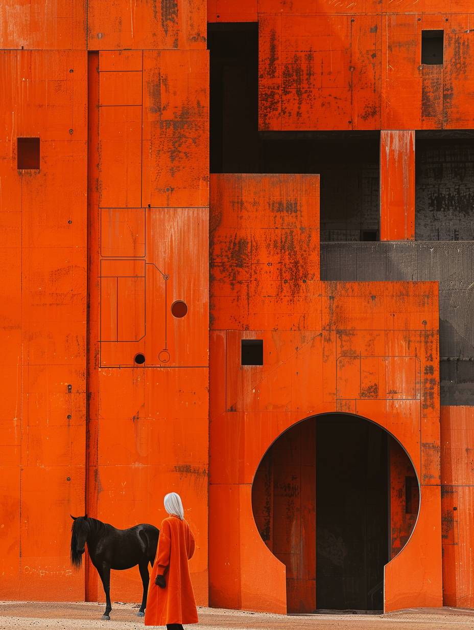 オレンジ色の背景に黒い馬と短い白髪の女の子が表紙を飾っているマガジンカバー、大胆な色使いや不可能な空間を特徴とし、建築抽象主義、超現実主義、デュッセルドルフ写真学派、飽和した色素プール、バンクーバースクール、 futuristi風の建築、 larme ke、高精細の8K