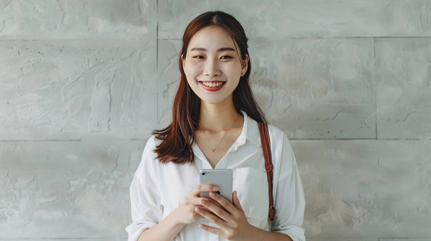 A smiley pretty Asian lady holding her phone, in the style of DBS BANK SINGAPORE, minimalistic