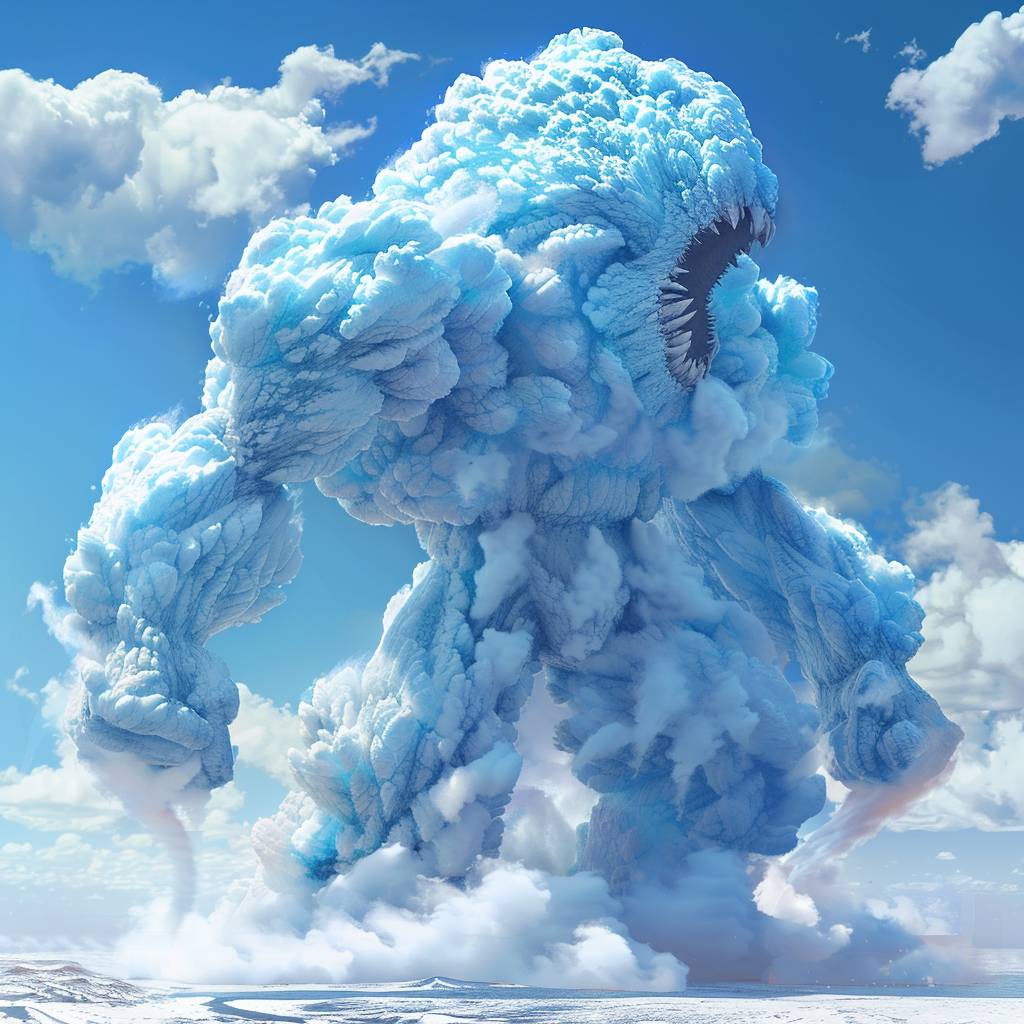 巨大なフワフワの青い綿菓子でできた人型の怪物が地面を踏みつけ、空に向かって咆哮している。背景には澄んだ蒼い空が広がっています。