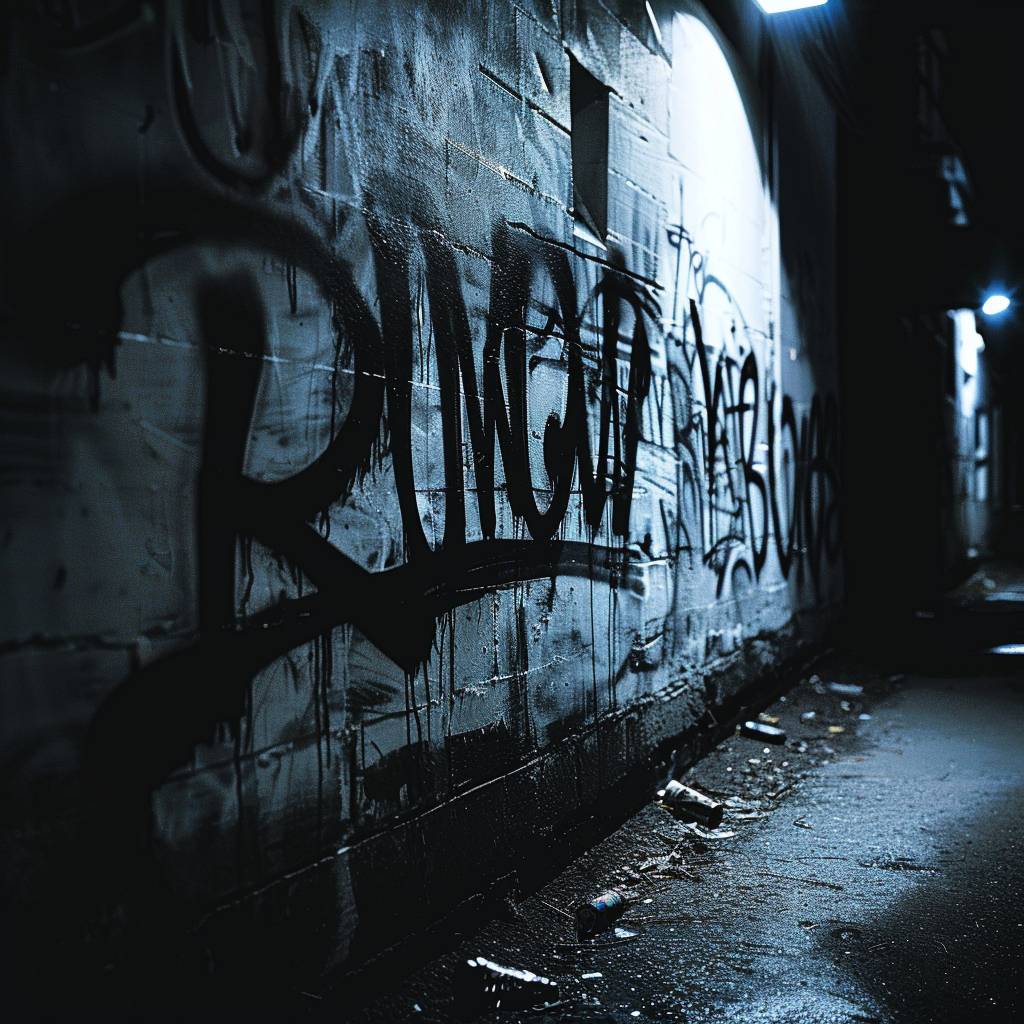 Handheld camera moving fast, flashlight light, in a white old wall in an old alley at night with black graffiti that spells ‘Runway’.