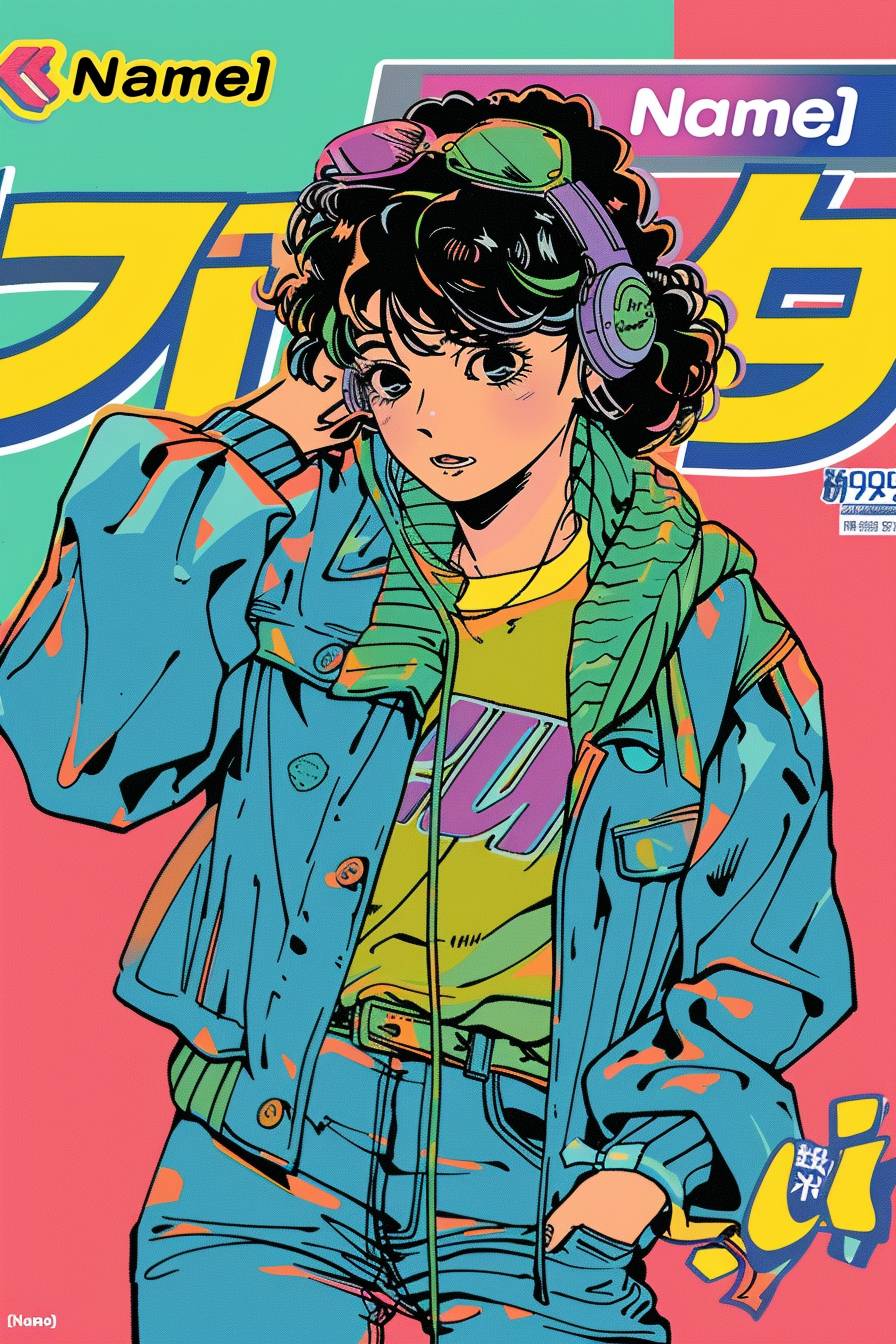 1990s manga style cover page of [Subject] with a trendy text manga title that says “[Name]”, colorful