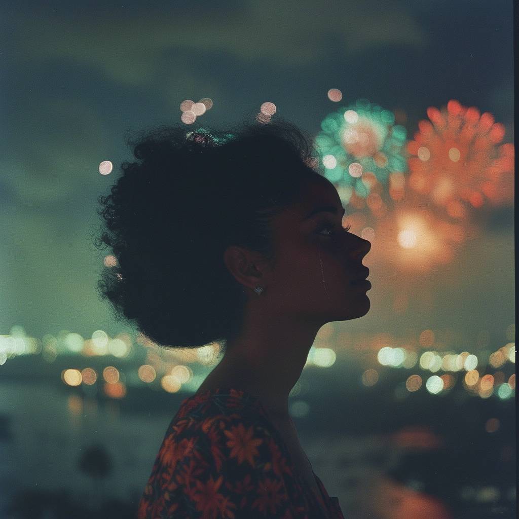 A side profile shot of a woman with fireworks exploding in the distance beyond her.