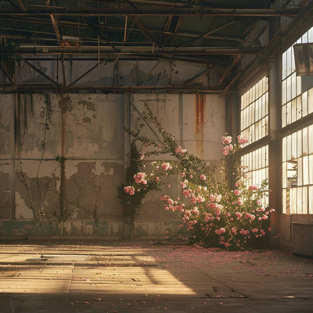 An empty warehouse where flowers start blooming from the concrete.