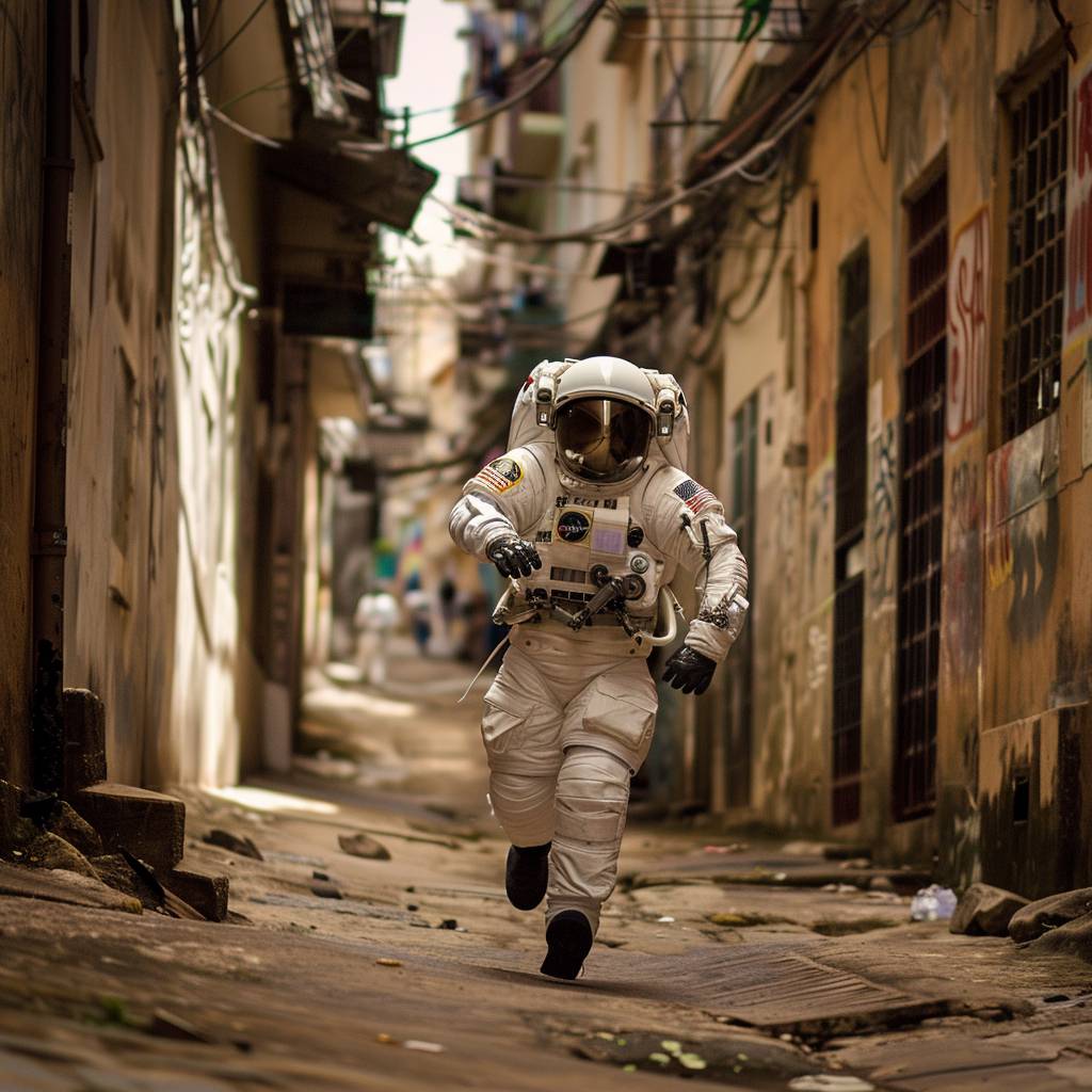 An astronaut running through an alley in Rio de Janeiro.