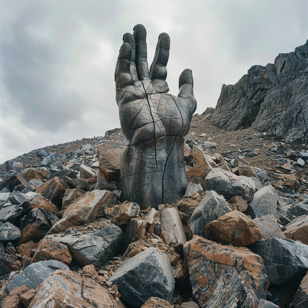 山のふもとにある岩の中から伸びる巨大な石の手のウルトラワイドショット。