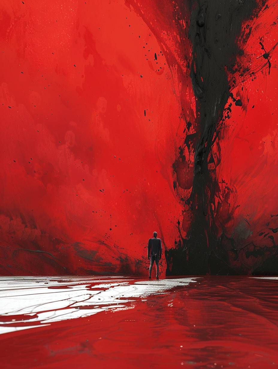 A Man, Melted, Expressionist Color Explosion Style, Big Red Background, Black and Red Color Matching, Standard Collection, Alex Andreev, Color Animated Stills, Splash of Paint, Chalk