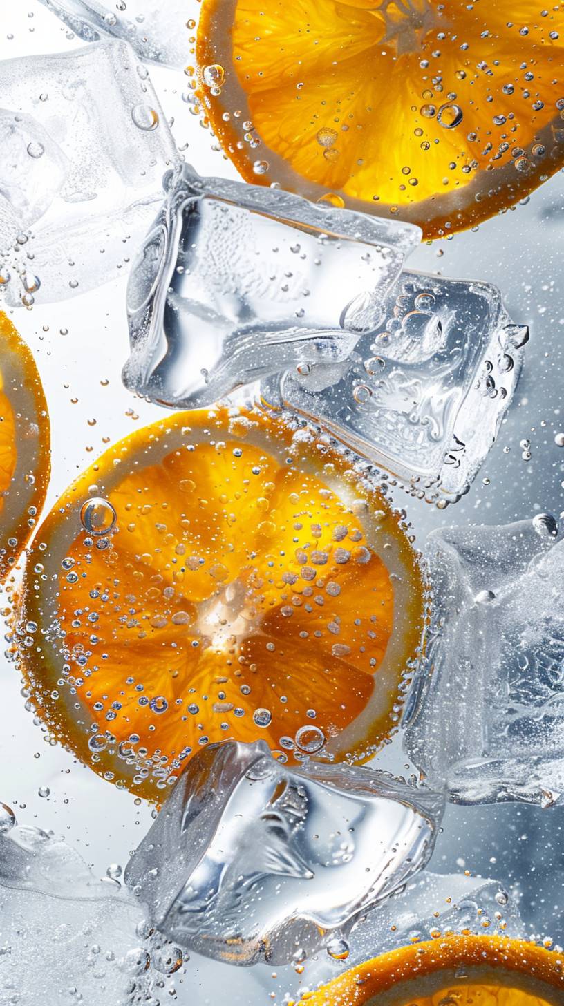 A high-resolution photo taken on a white background, showing a mix of sparkling water, ice cubes, and oranges, captured with studio close-up lighting in a style similar to Canon EOS, suitable for use as an Ultra HD phone wallpaper.