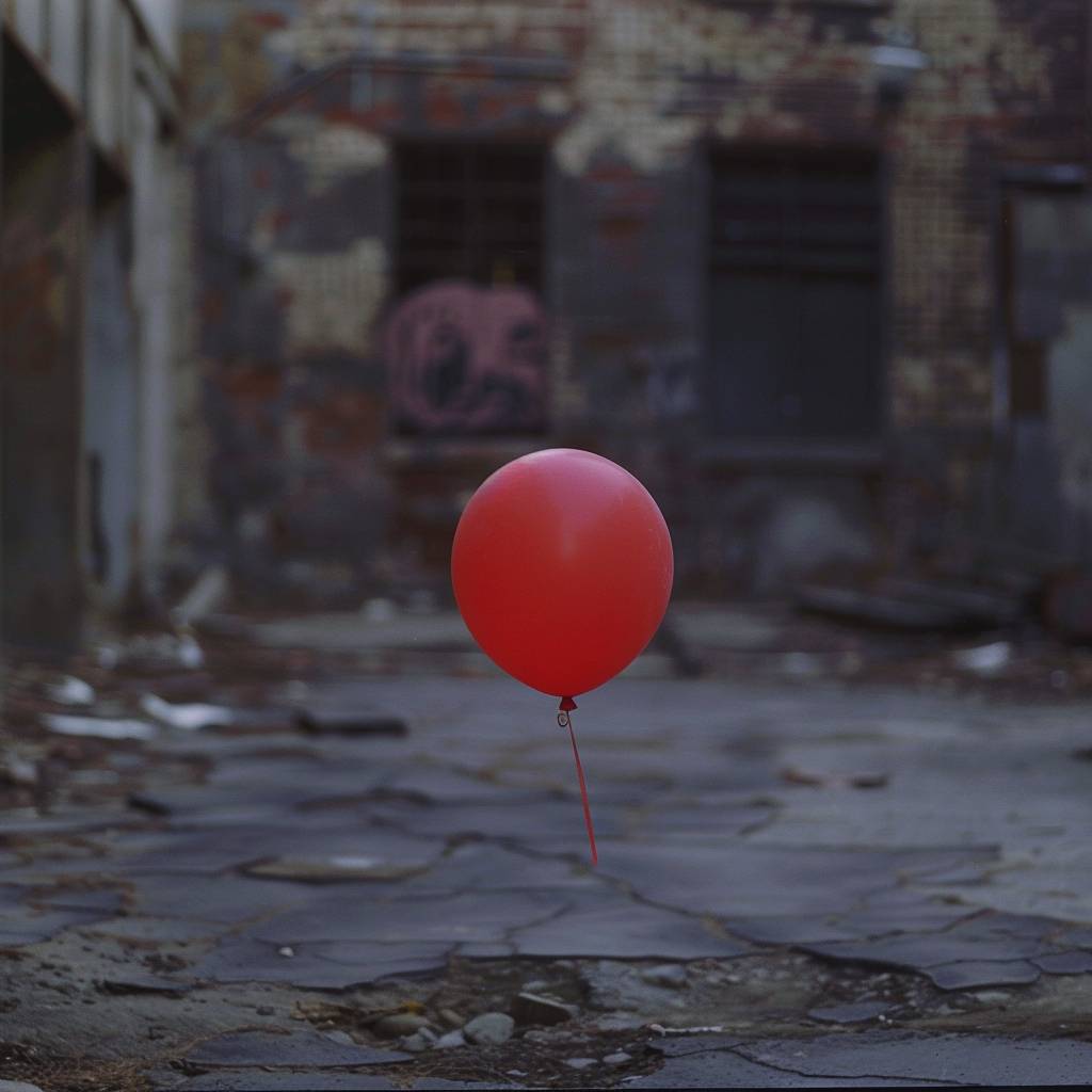 Handheld tracking shot, following a red balloon floating above the ground in an abandoned street.