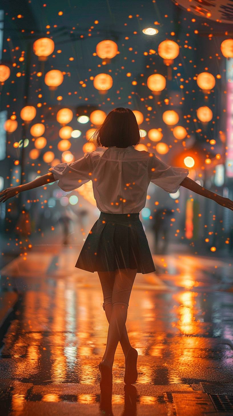 Warm-toned, cute style, evening, Japanese middle-aged woman, short hair, white shirt, black short skirt, stockings, roadside in the city, rain, back body, she walked happily, as if dancing.