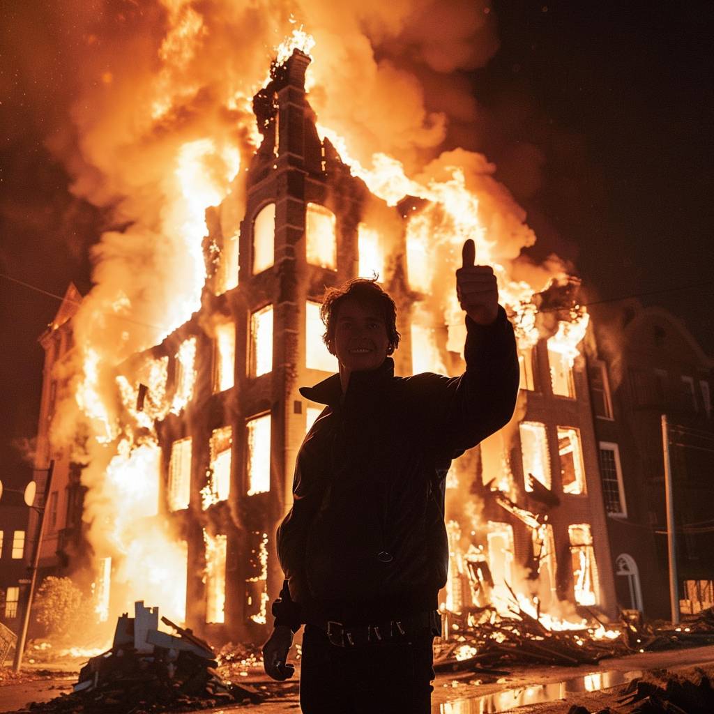 A man standing in front of a burning building giving the 'thumbs up' sign.