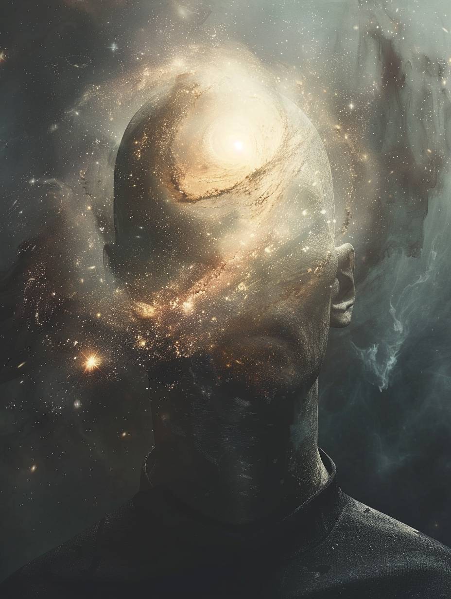 頭部に銀河を持つ[SUBJECT]の肖像、神秘的で魅惑的な視線を持つ宇宙的な存在