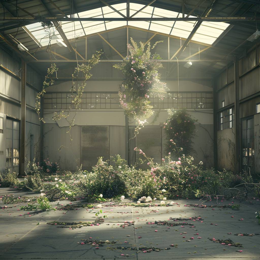 地面から勃発した植物によってダイナミックに変容する空の倉庫。