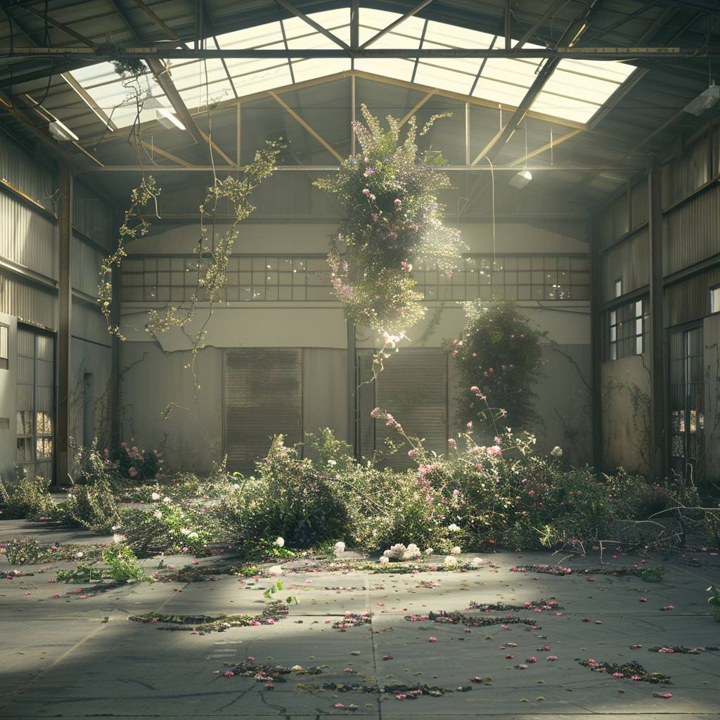 An empty warehouse dynamically transformed by flora that explode from the ground.