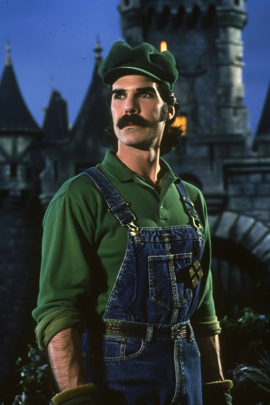 A DVD screenshot from the 1987 dark fantasy film 'Dark Souls.' The scene features a brunette man standing in front of a castle. He is wearing a green long-sleeved shirt with dark blue denim overalls, a green cap, and a mustache. It is nighttime.