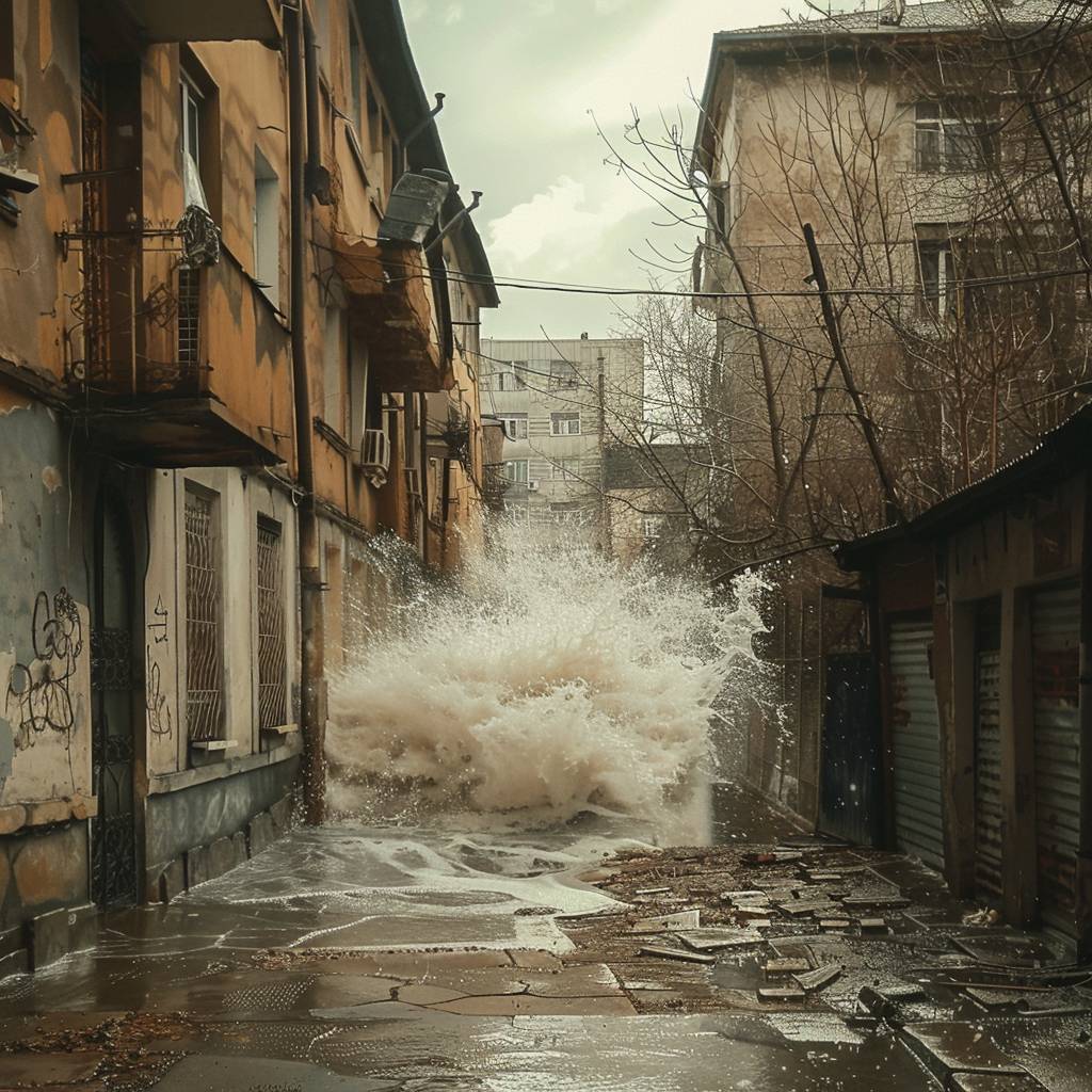 ブルガリアの路地を通過する津波、ダイナミックな動き。