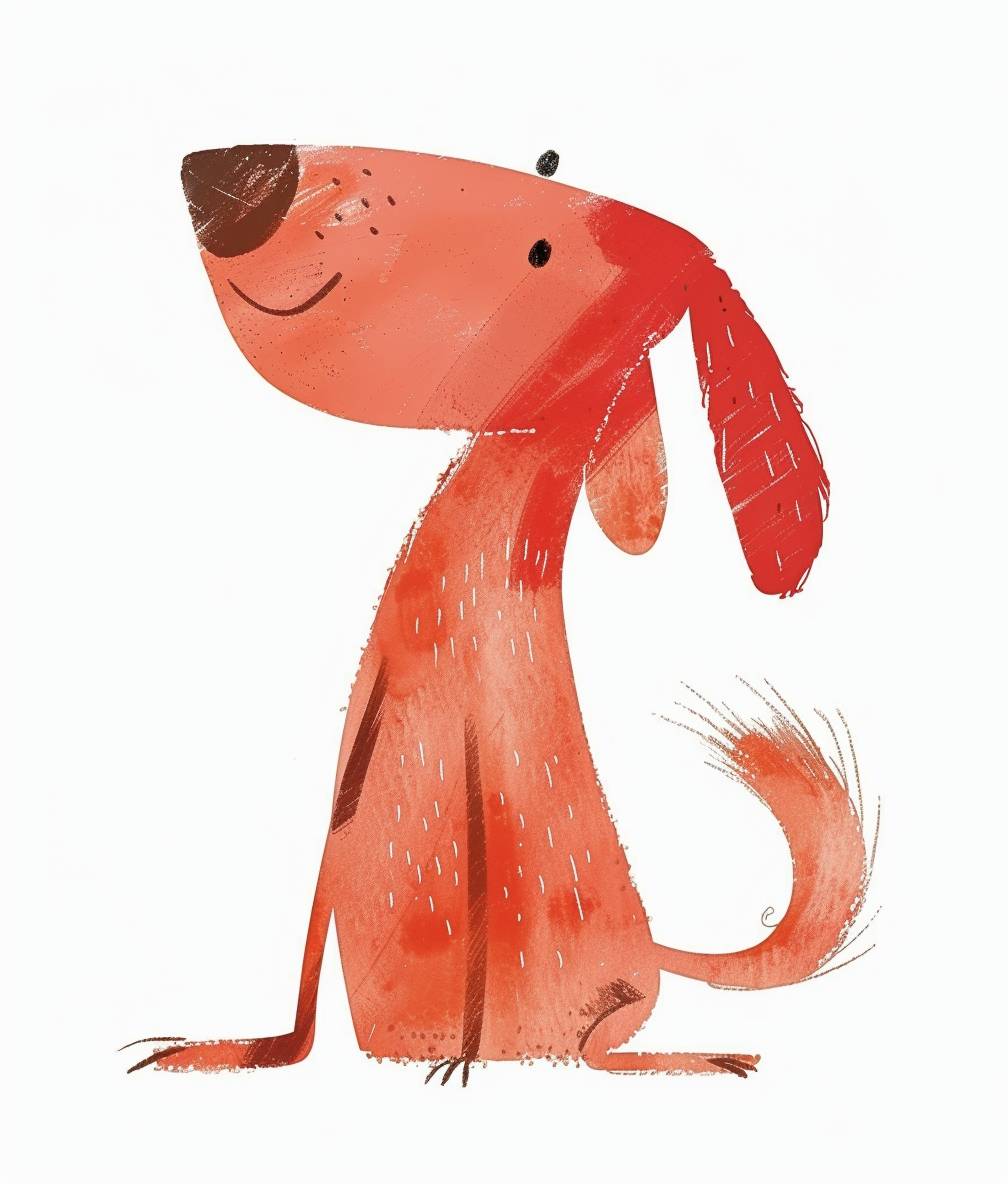 Cute red dog, simple lines, watercolor texture, children's book illustration style, flat design, high resolution, white background, light color, bright and clean picture. in the style of Jon Klassen.