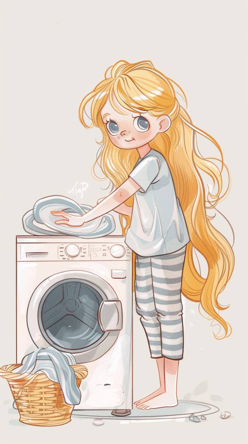 A girl is doing laundry. She has blonde hair and blue eyes, wearing striped pants. Next to the washing machine, there is a basket. On her feet, there is a light grey background. The illustration style is flat with pastel colors. It is cute and simple with a white border, in the style of a light, pastel illustration.