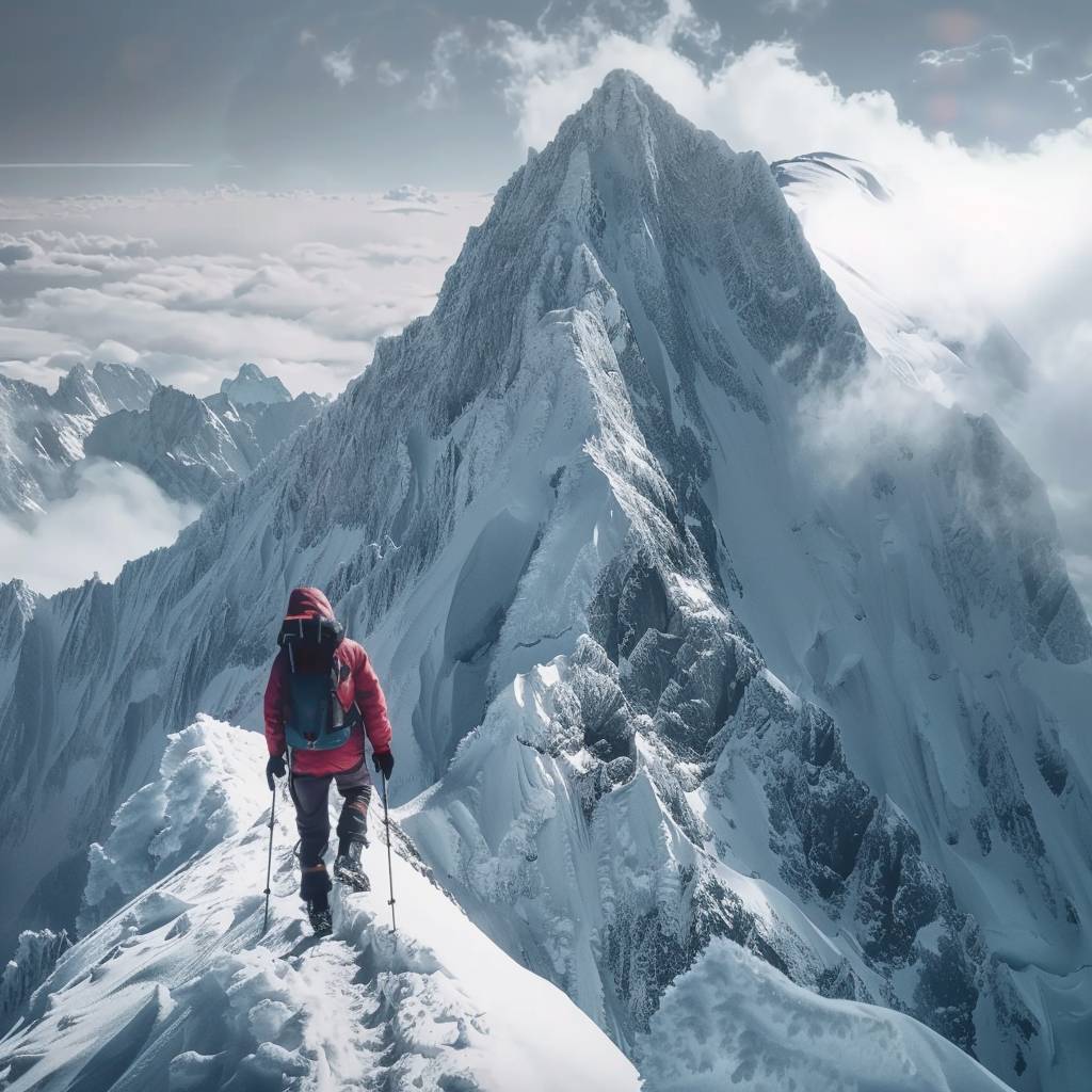 Super fast zoom out from the peak of a frozen mountain where a lonely hiker is arriving at the summit.