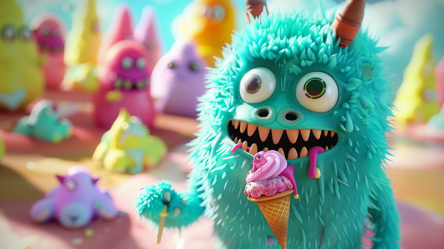 可愛らしくフワフワのモンスターがアイスクリームを食べる3Dアニメーション、鮮やかな色彩