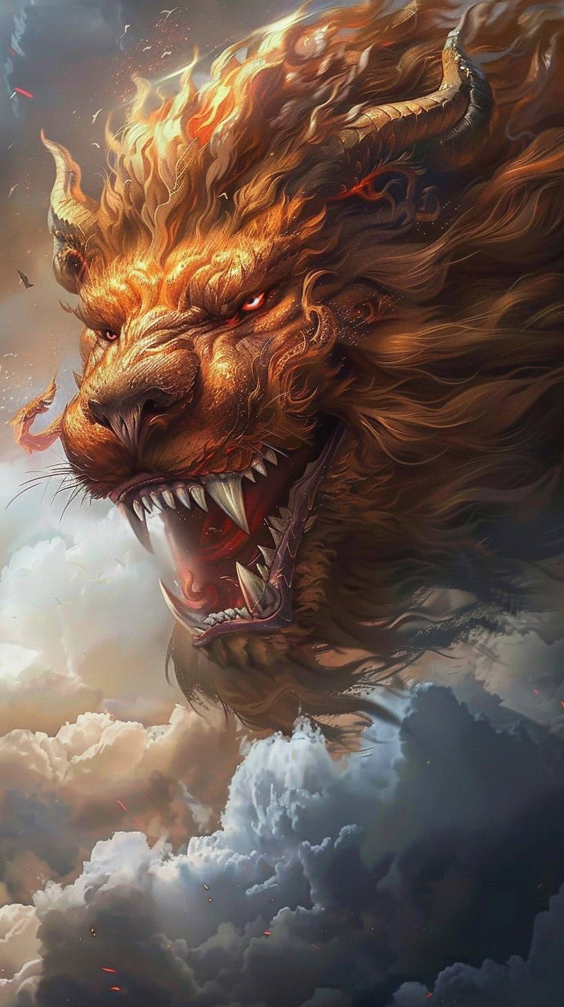 中国古典小説『西遊記』に登場する獅子鬼王。全身が大きくて、凶猛で非常に異常なライオンのようだ。彼の牙は鑿（きり）のように鋭く、頭は広く、声は雷のようで、目は電光のように鋭い。鼻は空を向き、眉は炎のように赤い。彼の姿は野獣の心を震わせ、鬼神をおじおじさせる。非常に完璧なディテール、非常にクリア。