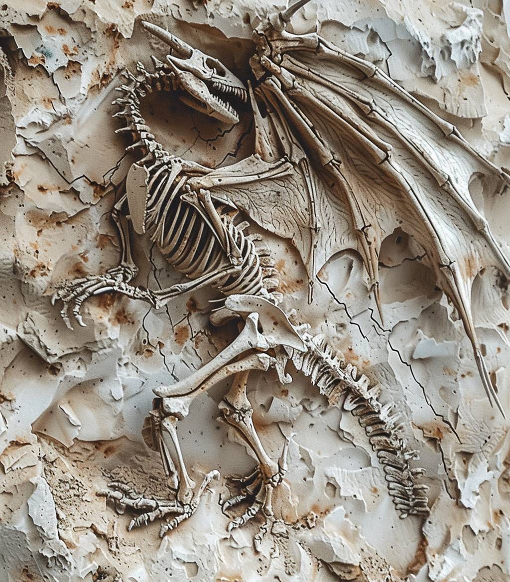 Fossil of a dragon, unearthed in a mystical desert, showcasing a big bones with wing and dragon head style focusing on detailed bone structures, whimsical elements, and imaginative paleontology.