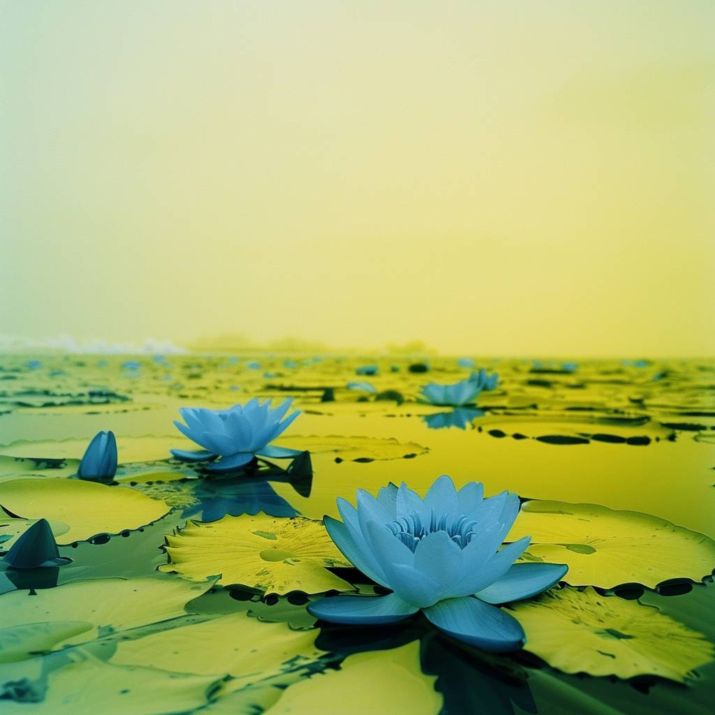 Water with blue-green water lilies floating on the surface, in the style of an infrared photo, contrast between dark green and yellow, minimalistic, sharp