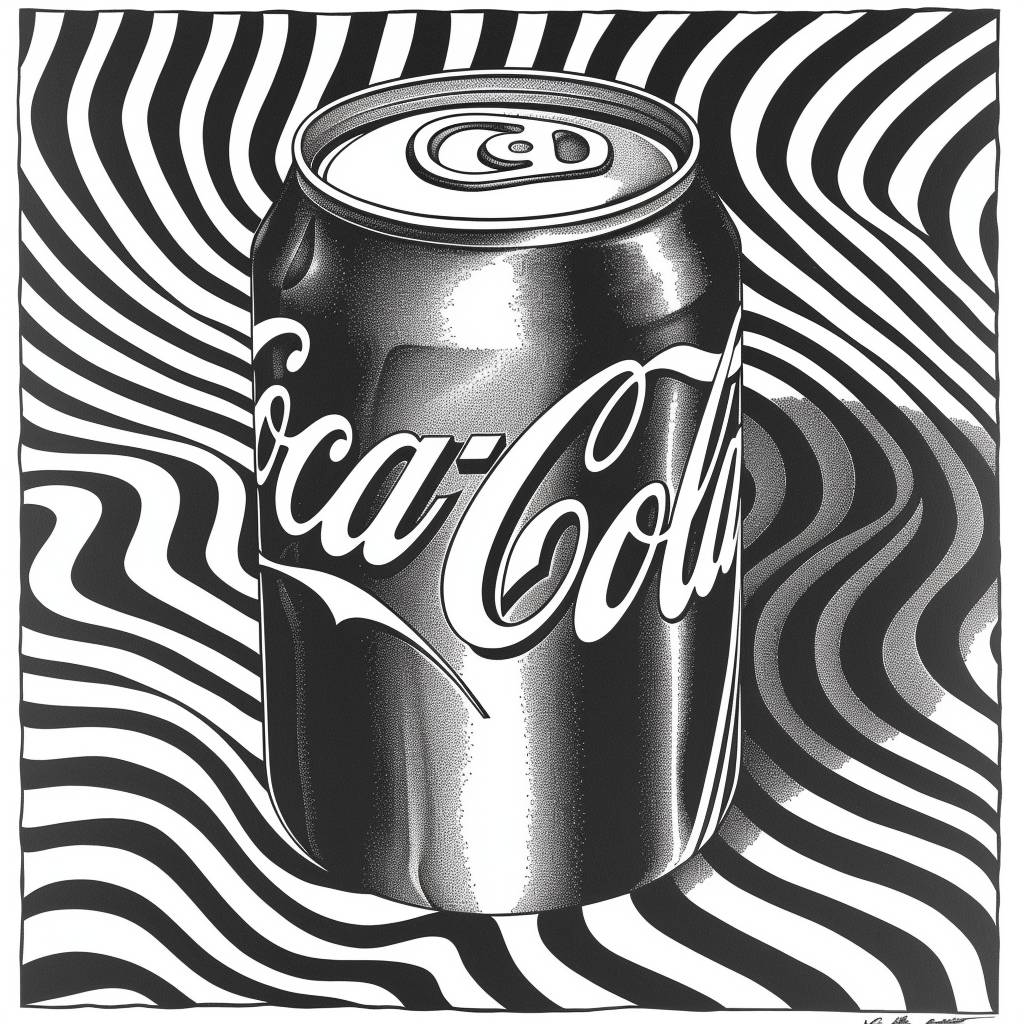 Coca-Cola can. Munker-White illusion. Illustration made out of lines, using only the colors black, white, and cyan. Optical illusion. Psychedelic.
