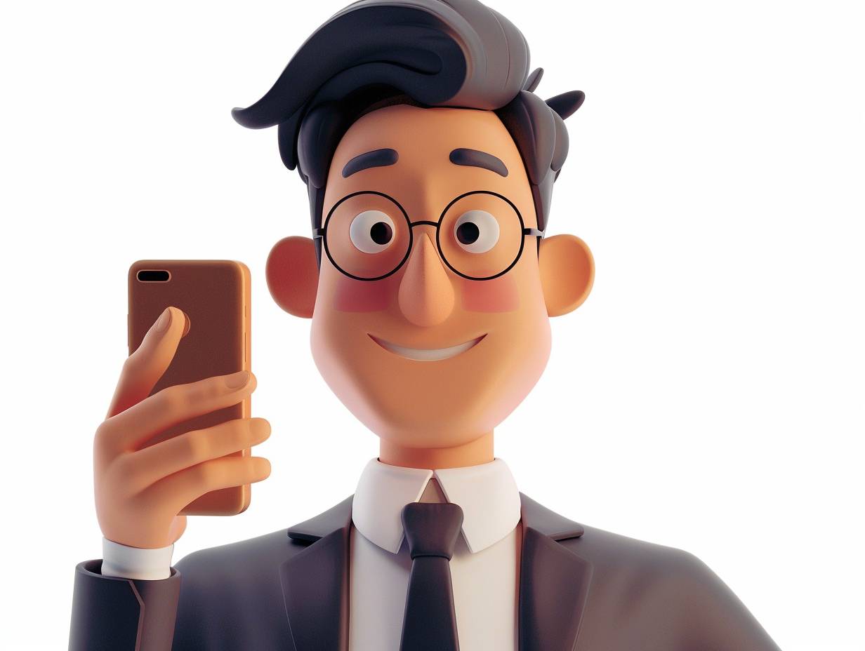 A 3D icon of a man taking a selfie with his cell phone, his hair color is black, wearing a suit, soft lighting, soft and rounded forms, no fine detail, white background