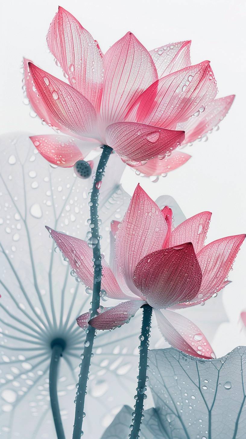 Close-up X-ray, translucence minimalist in simple white background full of water drops, Lotus flower and lotus leaf, frosted glass blur covered, multiple exposures, macro photography, soft red, photography by William Fang, shot on Hasselblad X2D