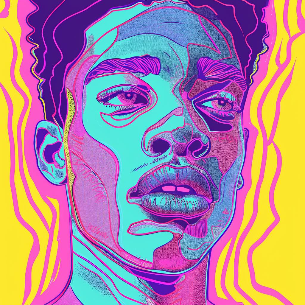 A portrait of a [SUBJECT] in the style of pastel neon colors. The portrait has colorful Moebius strips, comic art style details. The portrait features detailed facial features drawn in a pastels and pencils style with a flat background. The portrait is a 2D illustration with bold lines and a vibrant color palette. It is a high resolution, closeup shot with high contrast and soft lighting and shadows.