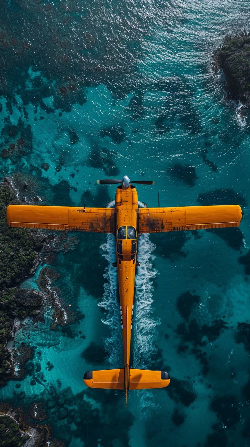 Create an aerial view of a yellow seaplane flying over the Great Cameron Reef, leaving a white contrail against the deep blue ocean. Employ a drone photography style to capture the unique perspective. Integrate surreal elements in the Greatzoan style to add a touch of the extraordinary. Emulate the storytelling and realism of National Geographic photography. Keep the composition minimalist, focusing on the plane, its contrail, and the vastness of the ocean. Use dramatic lighting to enhance the mood and post-process the image to bring out the colors, contrast, and details.