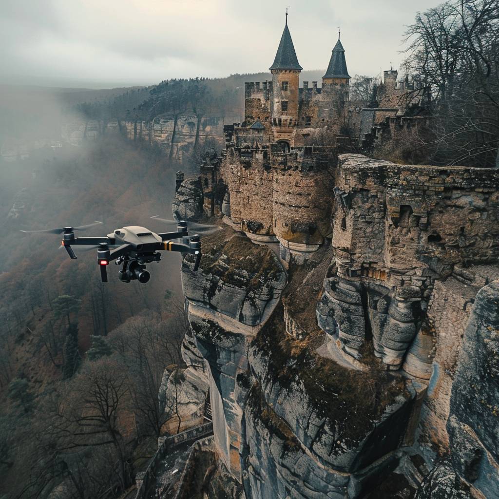 崖の上にある城の中を飛ぶFPVドローンのショット。