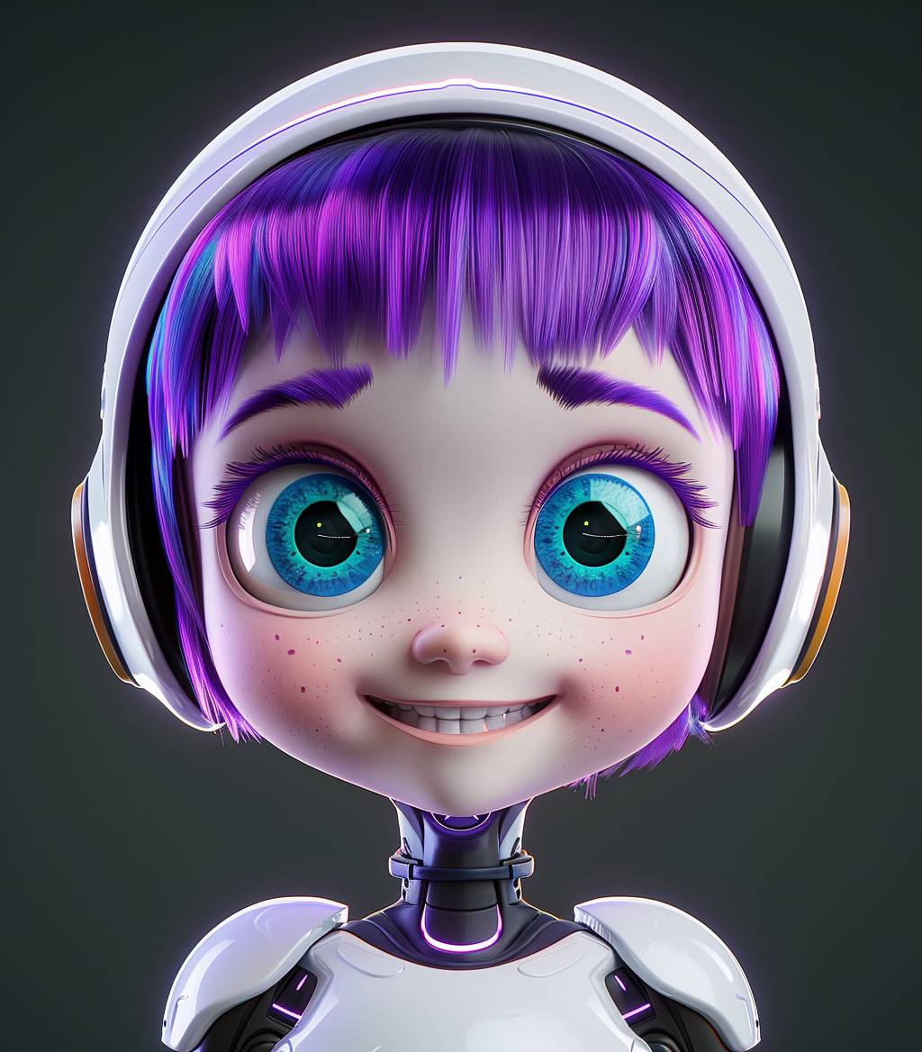 A cute girl avatar with short purple hair, blue eyes, and a smiling face in the style of an AI robot head, wearing white on a black background, in the style of a Disney Pixar cartoon character, a cute and colorful design, 3D rendering, high resolution, ultra detailed, best quality.