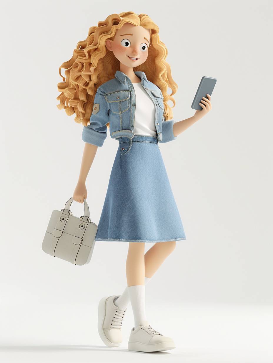 3D illustration of a character in a full body shot, holding a smart phone and walking pose, wearing a denim casual skirt, white shoes, with blond curly hair, smiling, white background, rendered in the style of Blender with a minimalist, simple shape style, at a 45 degree angle, using bright color tones, at a high resolution with super detailed rendering.