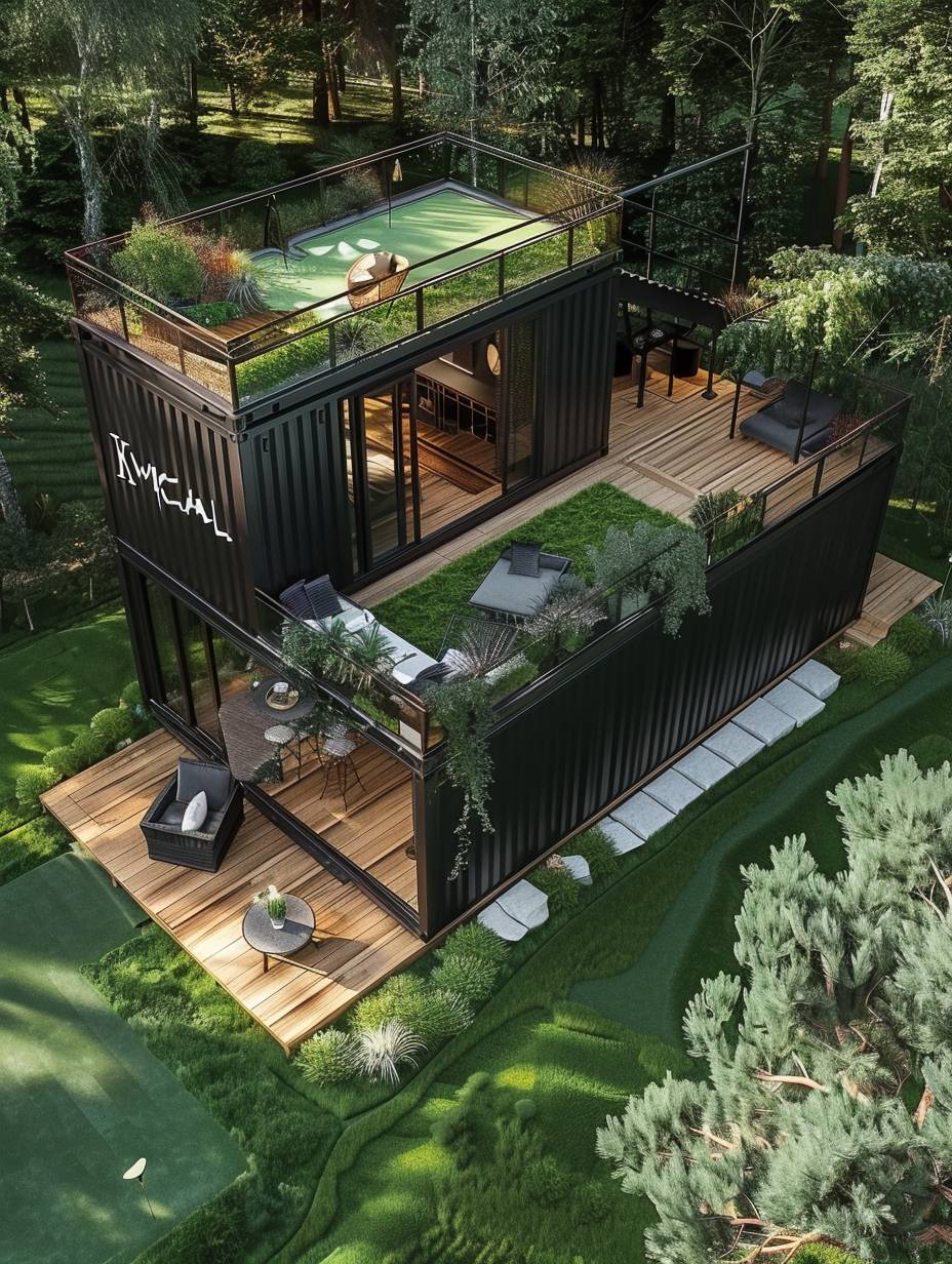 A modern two-storey black container house with an open balcony terrace on the side, surrounded by green grass and trees. The first floor features wooden floors and outdoor furniture for relaxation. In front is an area decorated to look like a golf course. The presentation of reality. Bird's eye view from above.