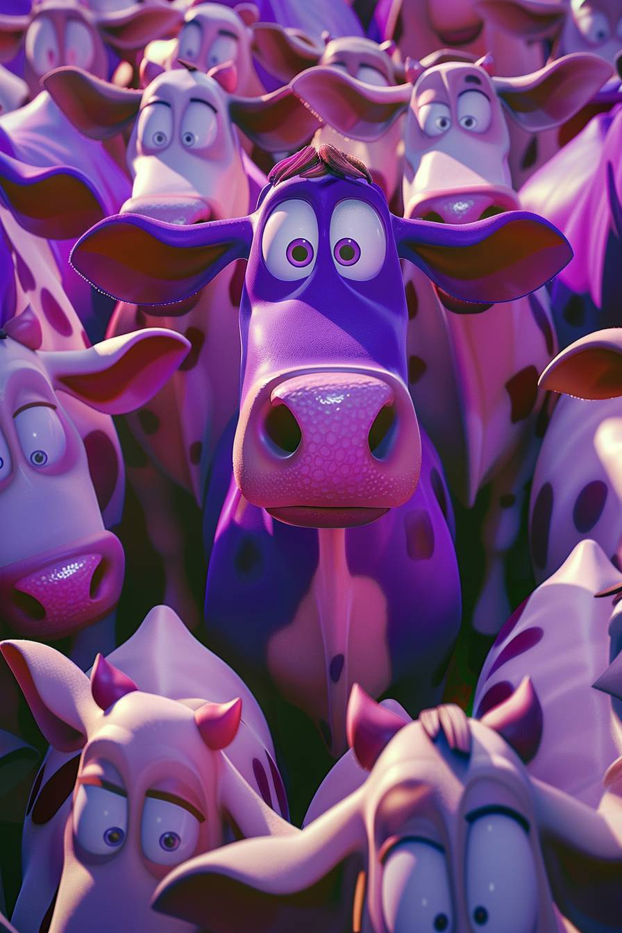 普通の牛に囲まれた紫の一匹の牛。ディズニーピクサーのキャラクターで、かわいくてカラフルなデザイン、3Dレンダリング、高解像度、超詳細、最高品質。