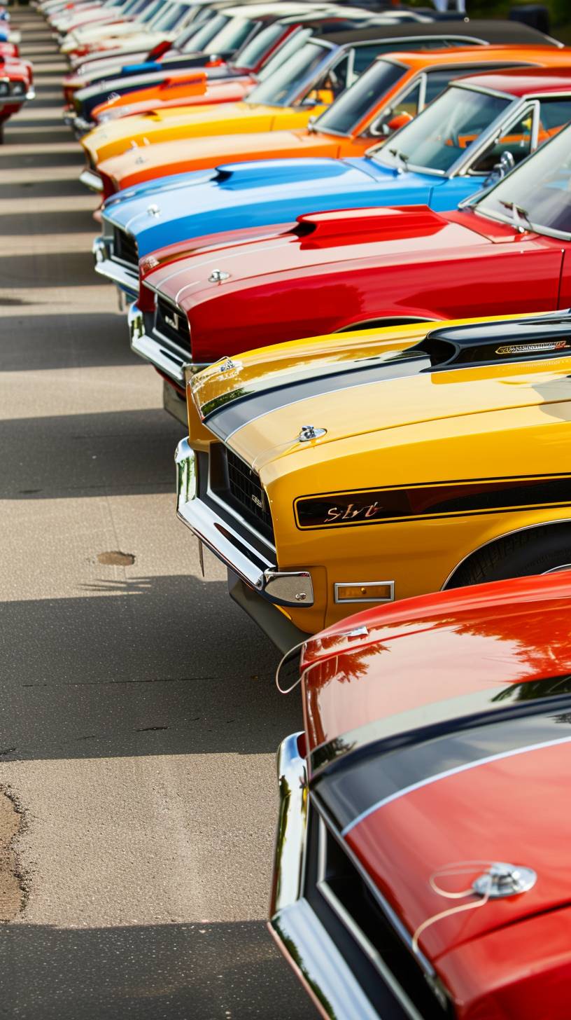 A long row of 1960's and 1970's muscle cars of all different types and designs and colors