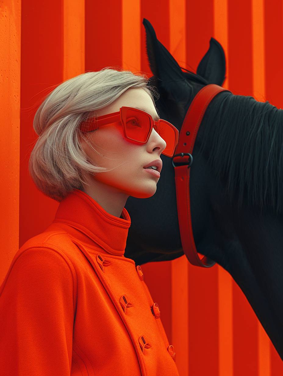 Magazine cover featuring a short white hair girl in orange, wearing a black horse, against a futuristic orange architectural background. Bold use of color, impossible space, in the style of architectural abstractions, Surrealism, Dusseldorf school of photography, saturated pigment pools, the Vancouver school, futuristic architecture, Larme ke, high details in 8K